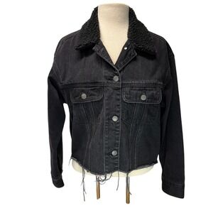 Abercrombie & Fitch Black Denim Sherpa Lined Trucker Jacket Womens Size M Cotton